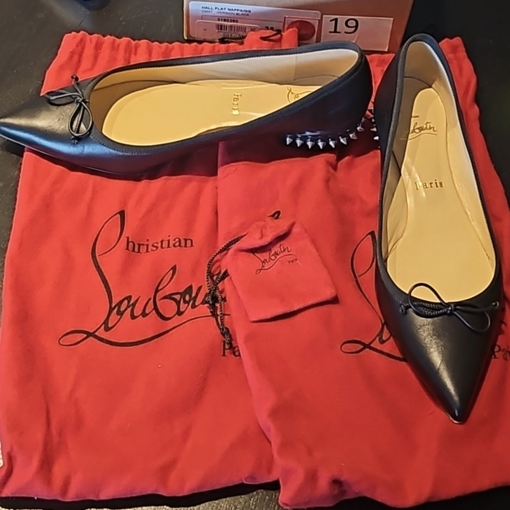 Christian Louboutin Hall Flat Black Nappa Leather Spike Pointed Ballerina 38